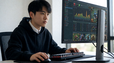 DOTA2职业比赛选手专注操作，数据统计屏幕显示
